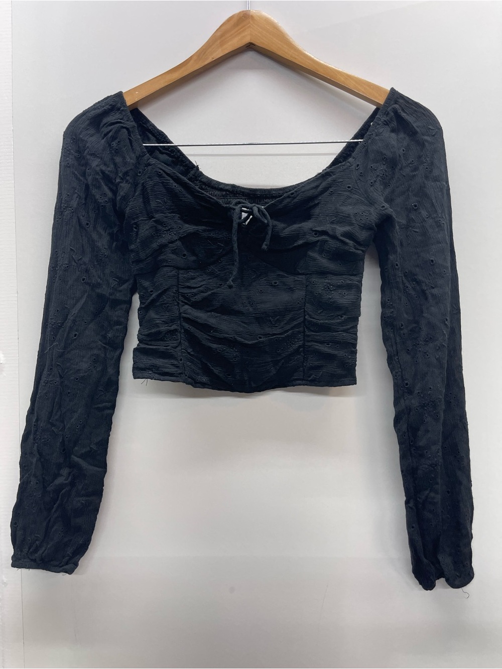Hollister Black Long-Sleeve Square-Neck Eyelet Lace Cropped Top